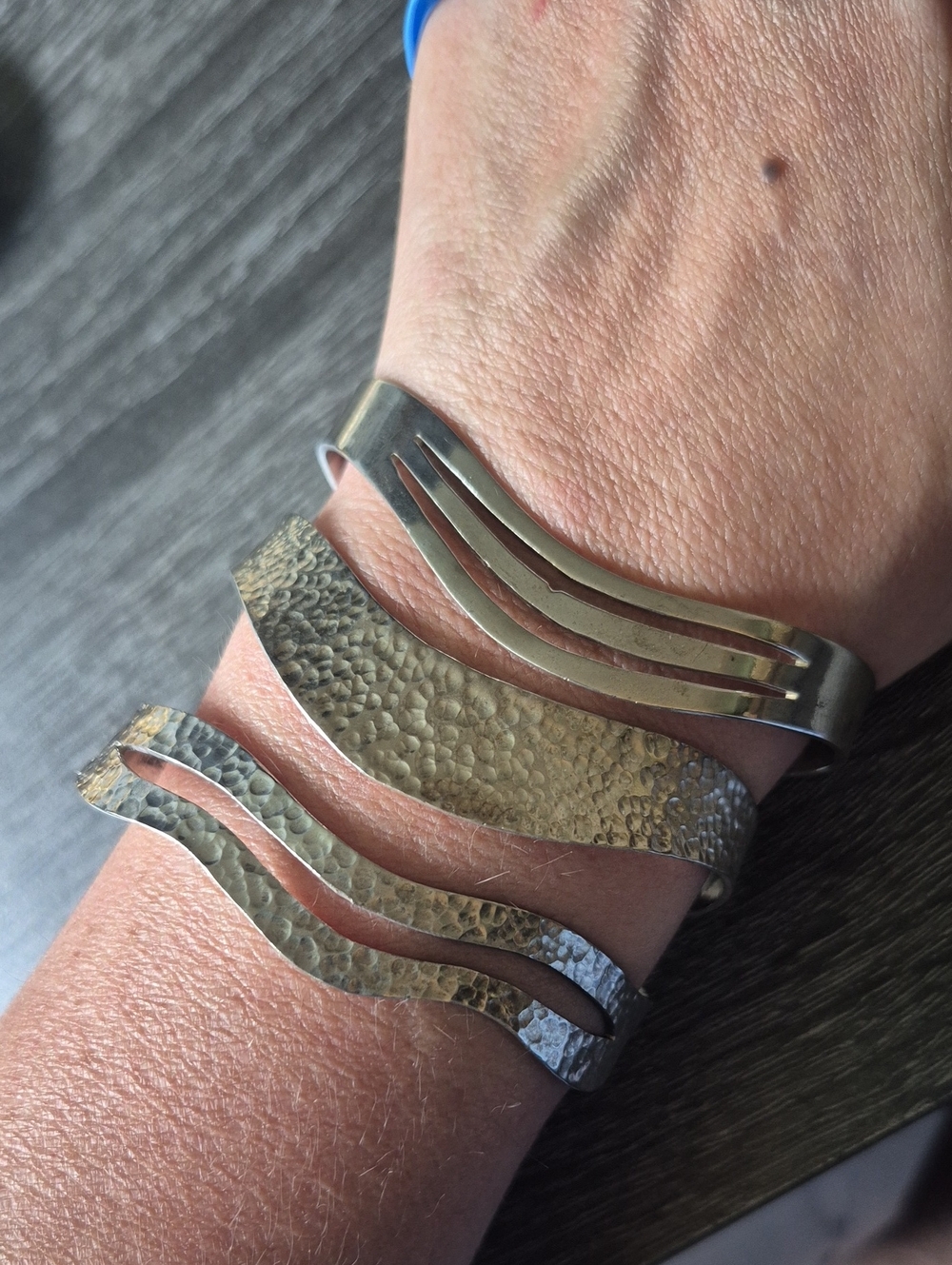 Vintage Mexico Silver Hammered Silver Wave Cuff Bracelets - Set of 3